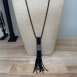 Black Boho Tassel Necklace with Silver Geometric Accent